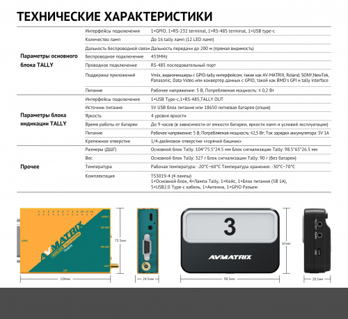 Комплект сигнализации AVMATRIX TS3019-4 Tally для 4-х камер