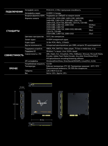 Плата видеозахвата AVMATRIX VC42 4CH HDMI PCIE